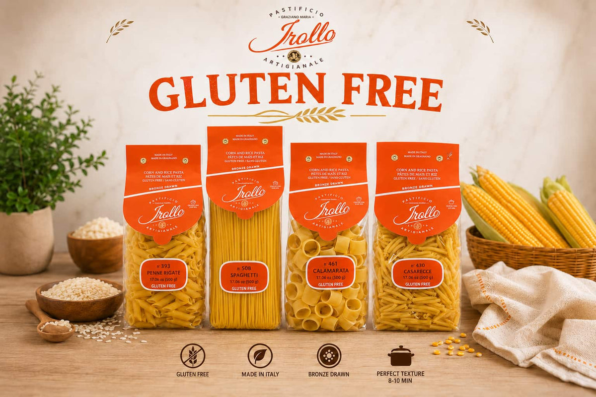 Four style packages of Irollo gluten free pasta representing the colletion