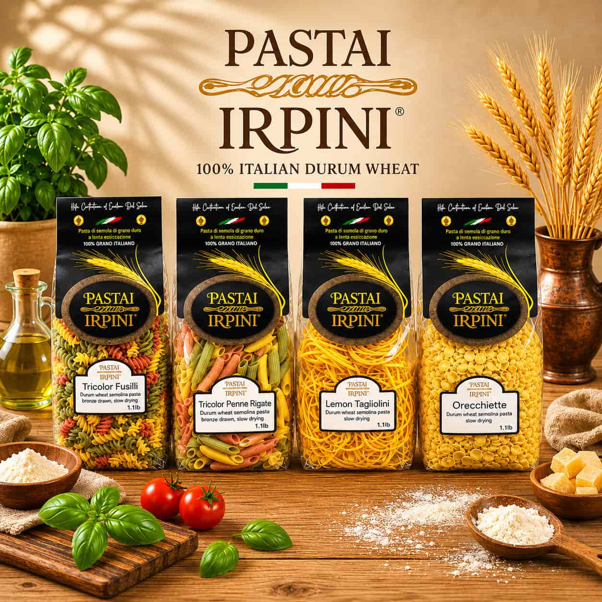 four styles of Pasta packages representing  Pastai Irpini on a wooden table with ingredients and branding elements.