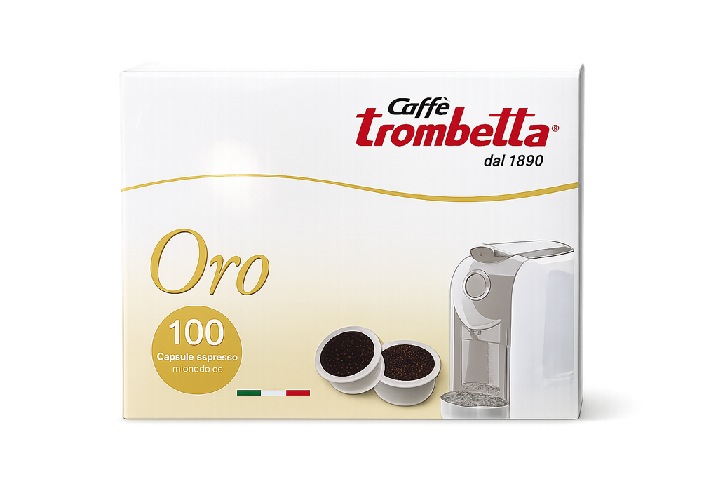 Caffè Trombetta Oro coffee capsule packaging on a white background