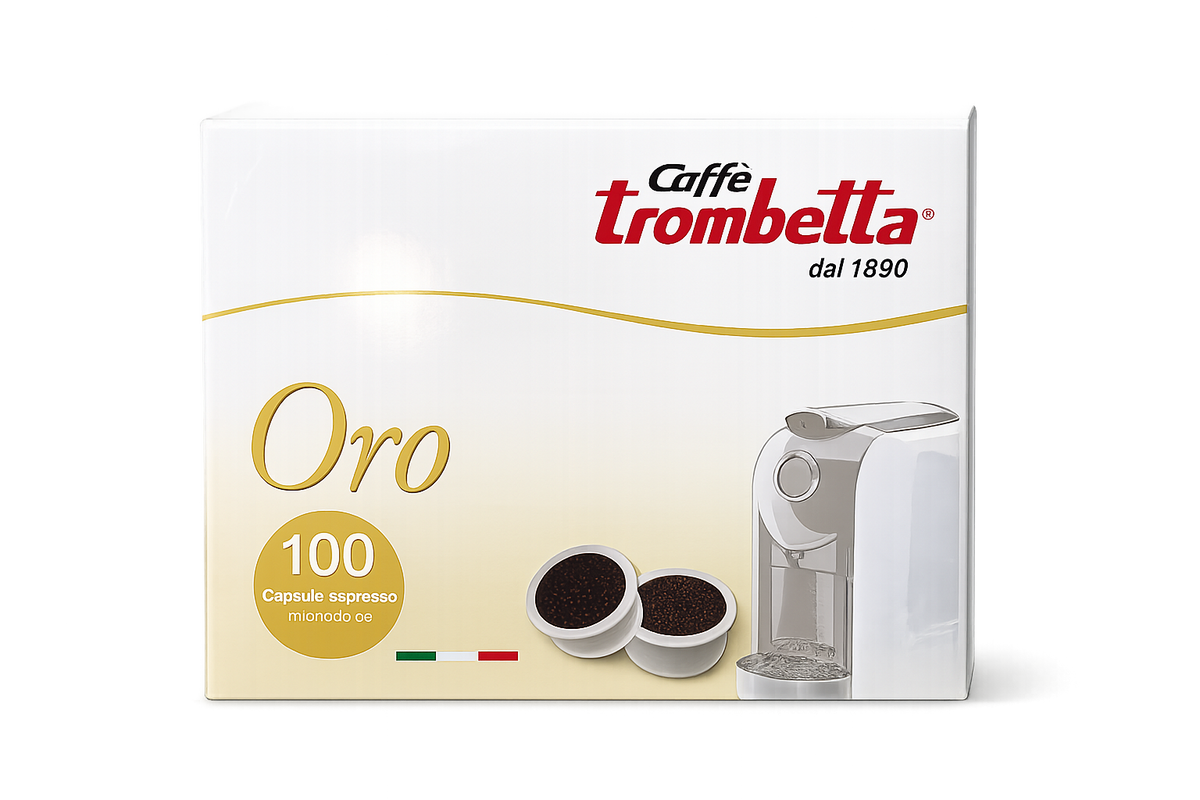 Caffè Trombetta Oro coffee capsule packaging on a white background