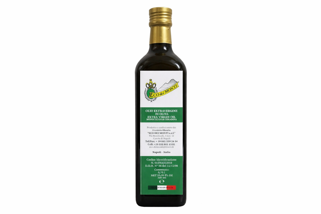 Bottle of olive oil with a gold cap on a white background