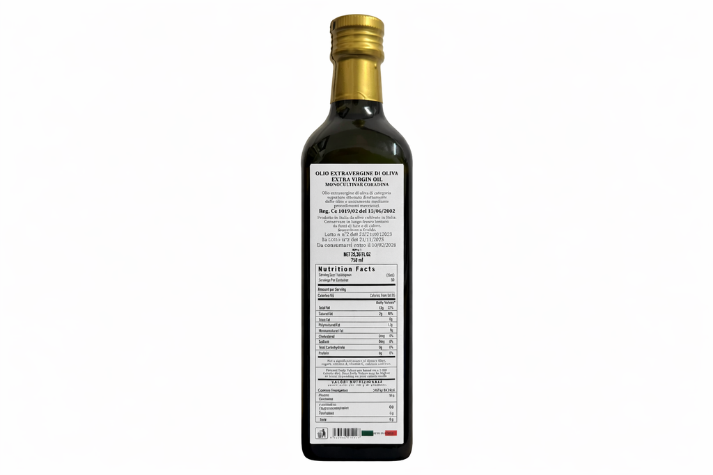 Bottle of olive oil with a label with Nutritional Facts