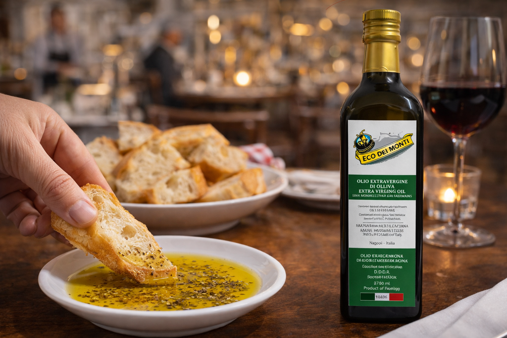 Bottle of olive oil with a hand dipping bread into a bowl of olive oil on a table.