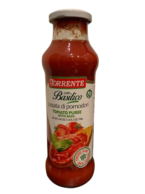 A glass bottle of Torrente con Basilico Tomato Puree with Basil, featuring a white cap.