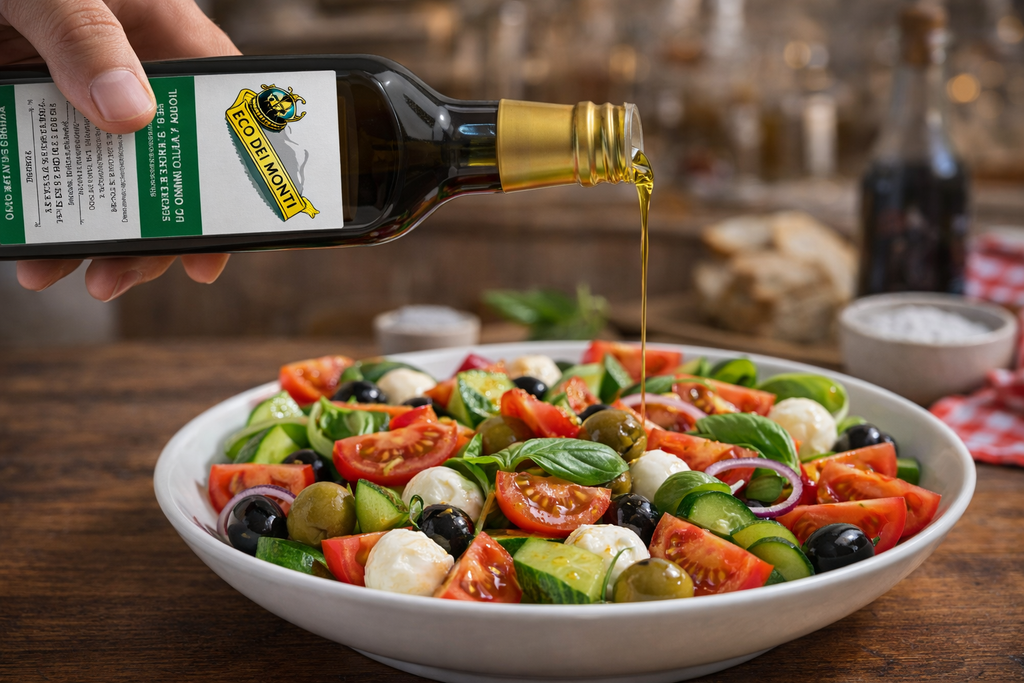 Bottle of olive oil being poured over a salad on a wooden table.