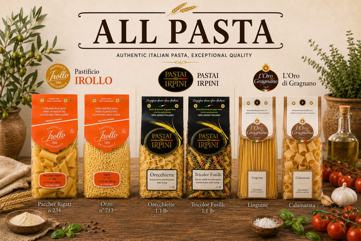 An image with several pasta packages representing all pasta brands with a decorative background.