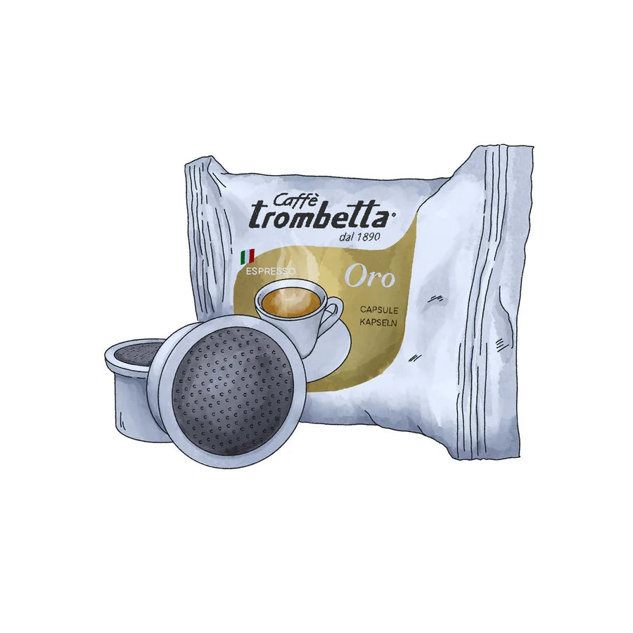 Caffè Trombetta Oro coffee capsule on a white background