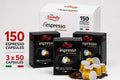 Caffè Trombetta L’Espresso arabica espresso capsules, featuring one large box and three 50-count boxes.