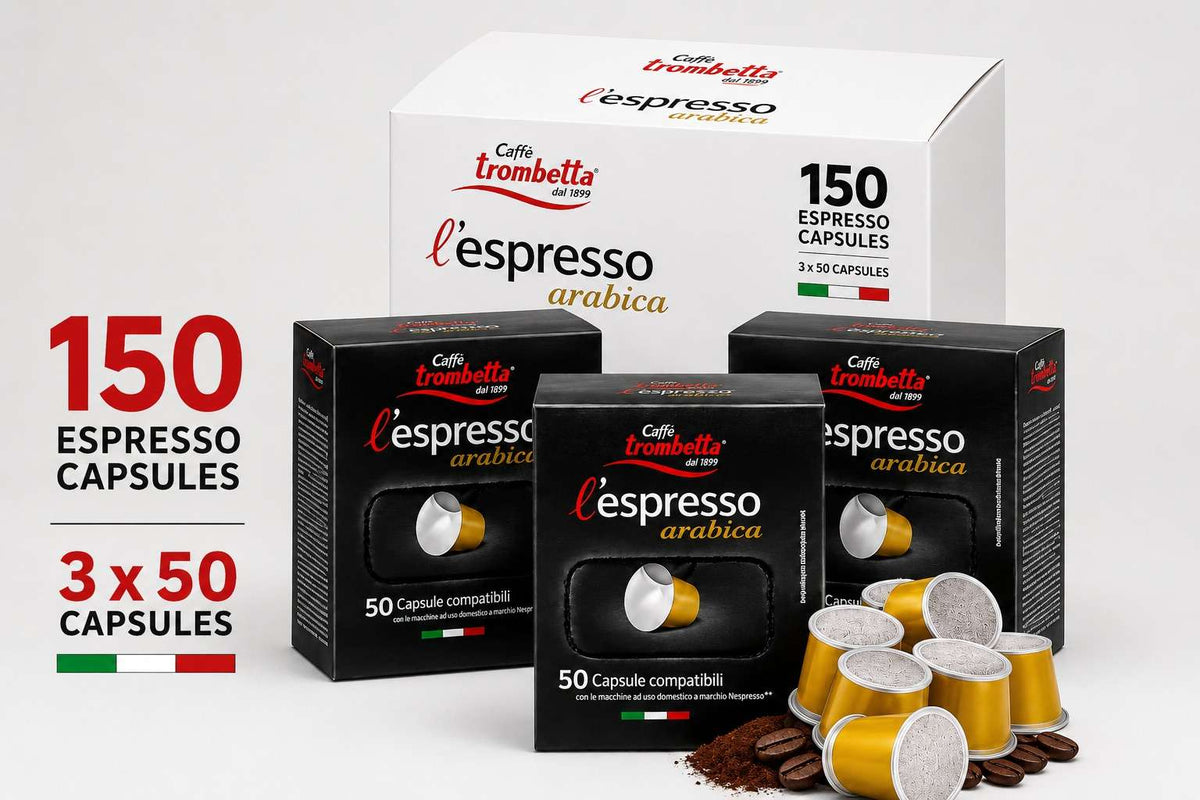 Caffè Trombetta L’Espresso arabica espresso capsules, featuring one large box and three 50-count boxes.