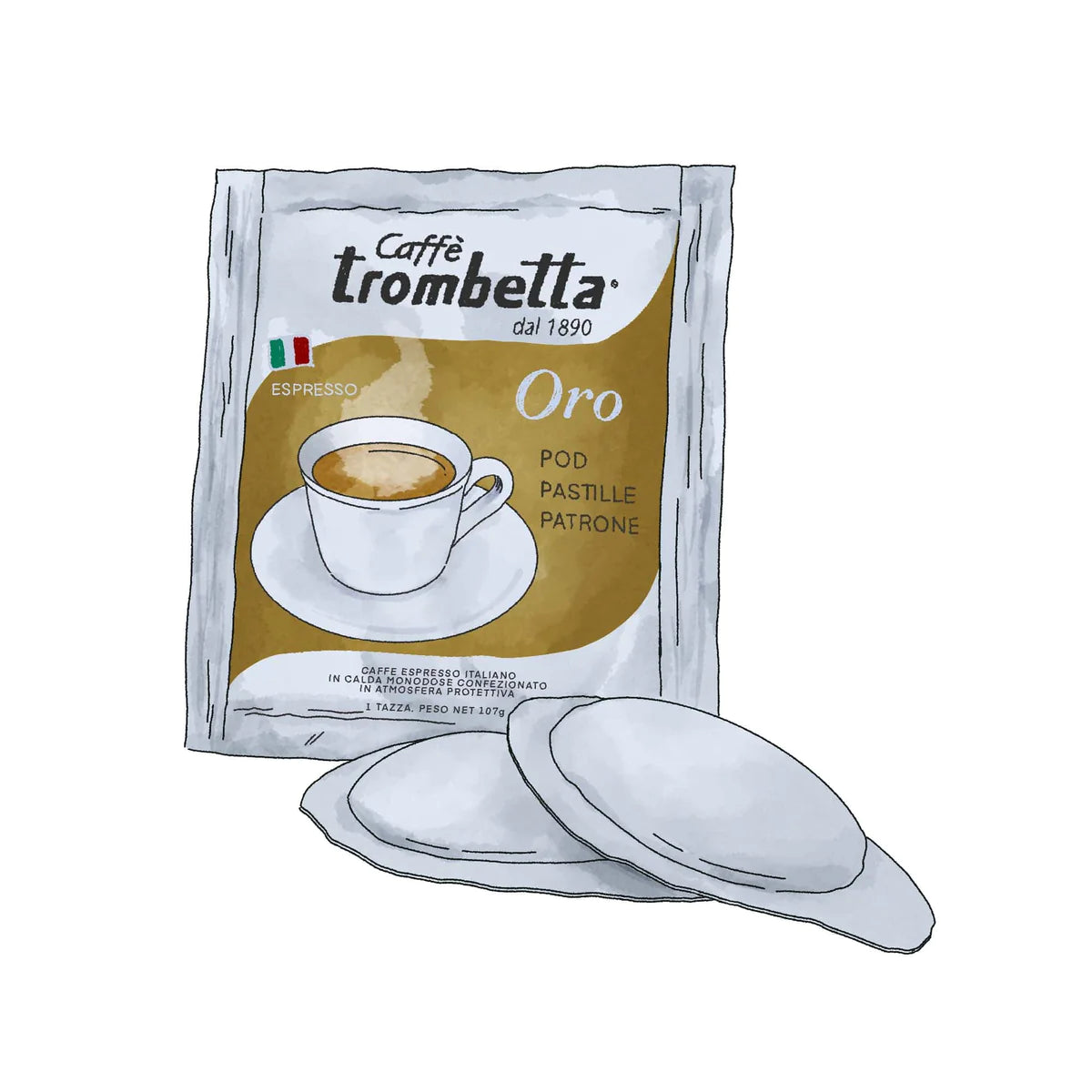 Caffè Trombetta Oro coffee pod packaging on a white background