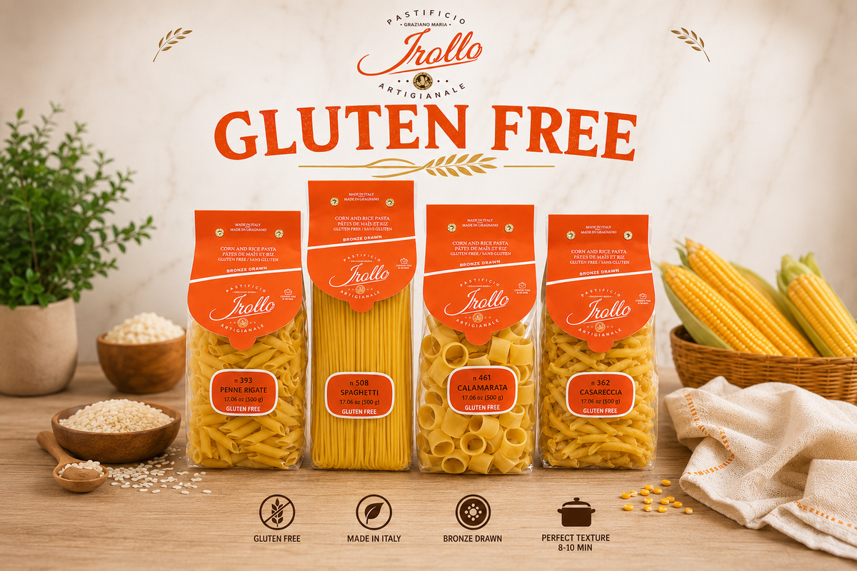Four Gluten-free pasta packages on a wooden table representing Irollo Brand Collection.