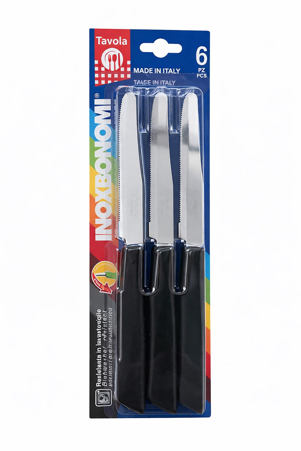 Set of six Inoxbonomi table knives featuring black handles, stainless steel blades, and round tips.