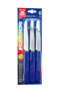 Set of six Inoxbonomi table knives featuring blue handles, stainless steel blades, and round tips.