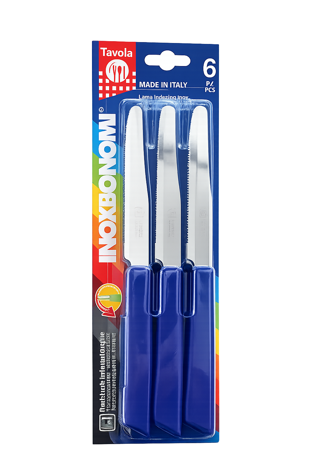 Set of six Inoxbonomi table knives featuring blue handles, stainless steel blades, and round tips.