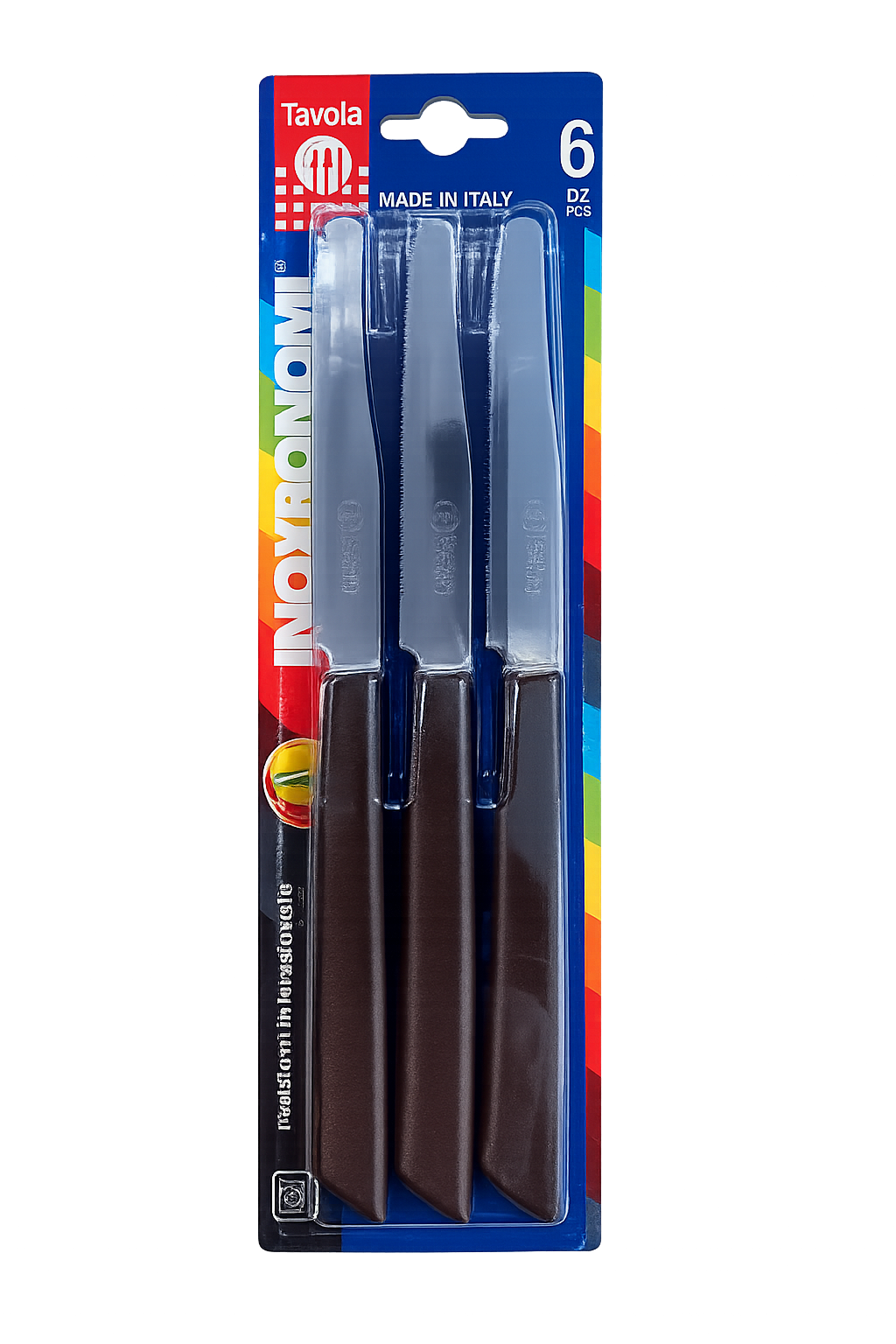 Set of six Inoxbonomi table knives featuring brown handles, stainless steel blades, and round tips..