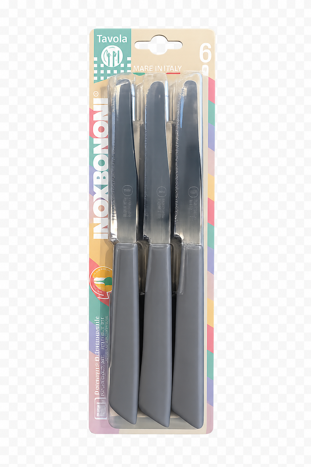 Set of six Inoxbonomi table knives featuring grey handles, stainless steel blades, and round tips.