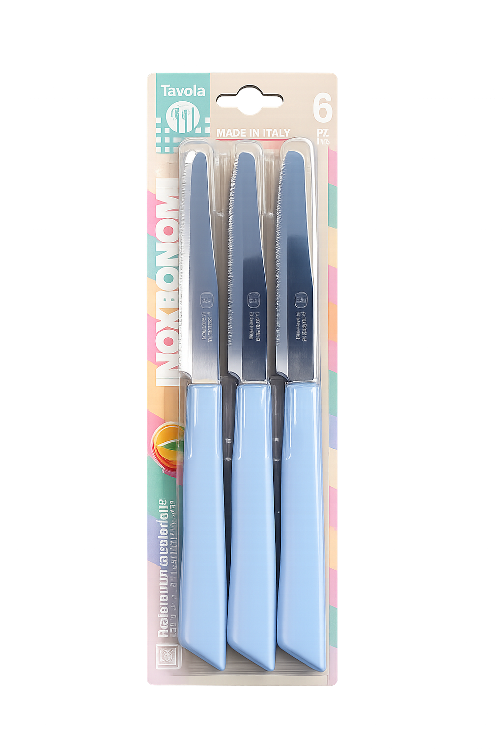 Set of six Inoxbonomi table knives featuring light blue handles, stainless steel blades, and round tips.
