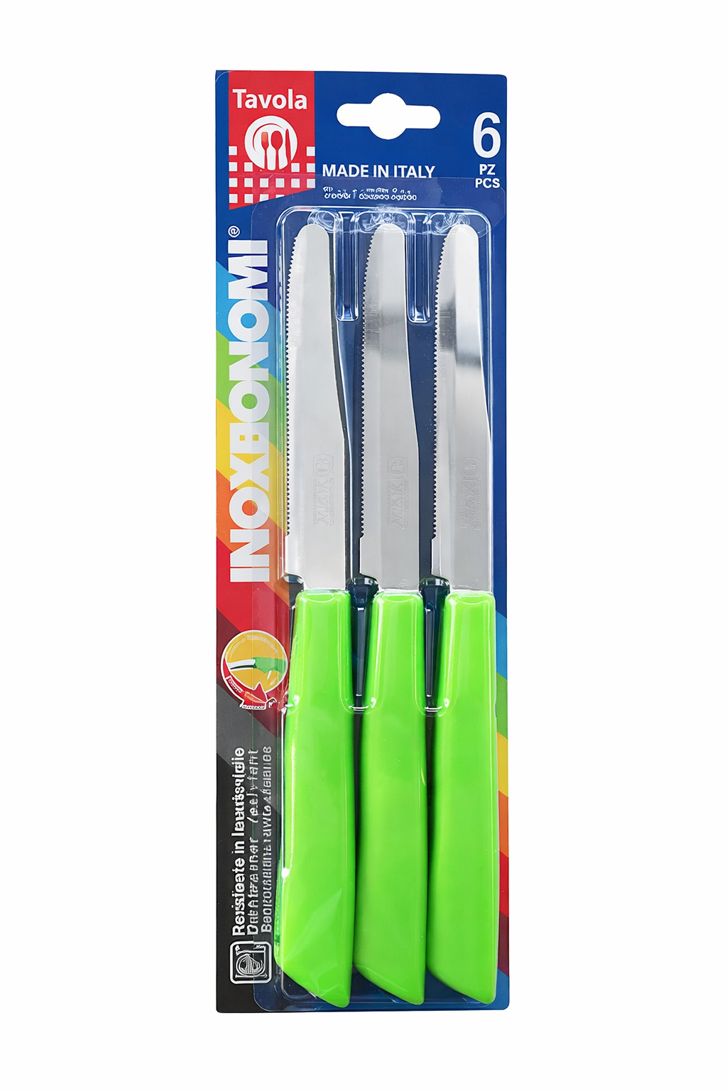 Set of six Inoxbonomi table knives featuring lime green handles, stainless steel blades, and round tips.