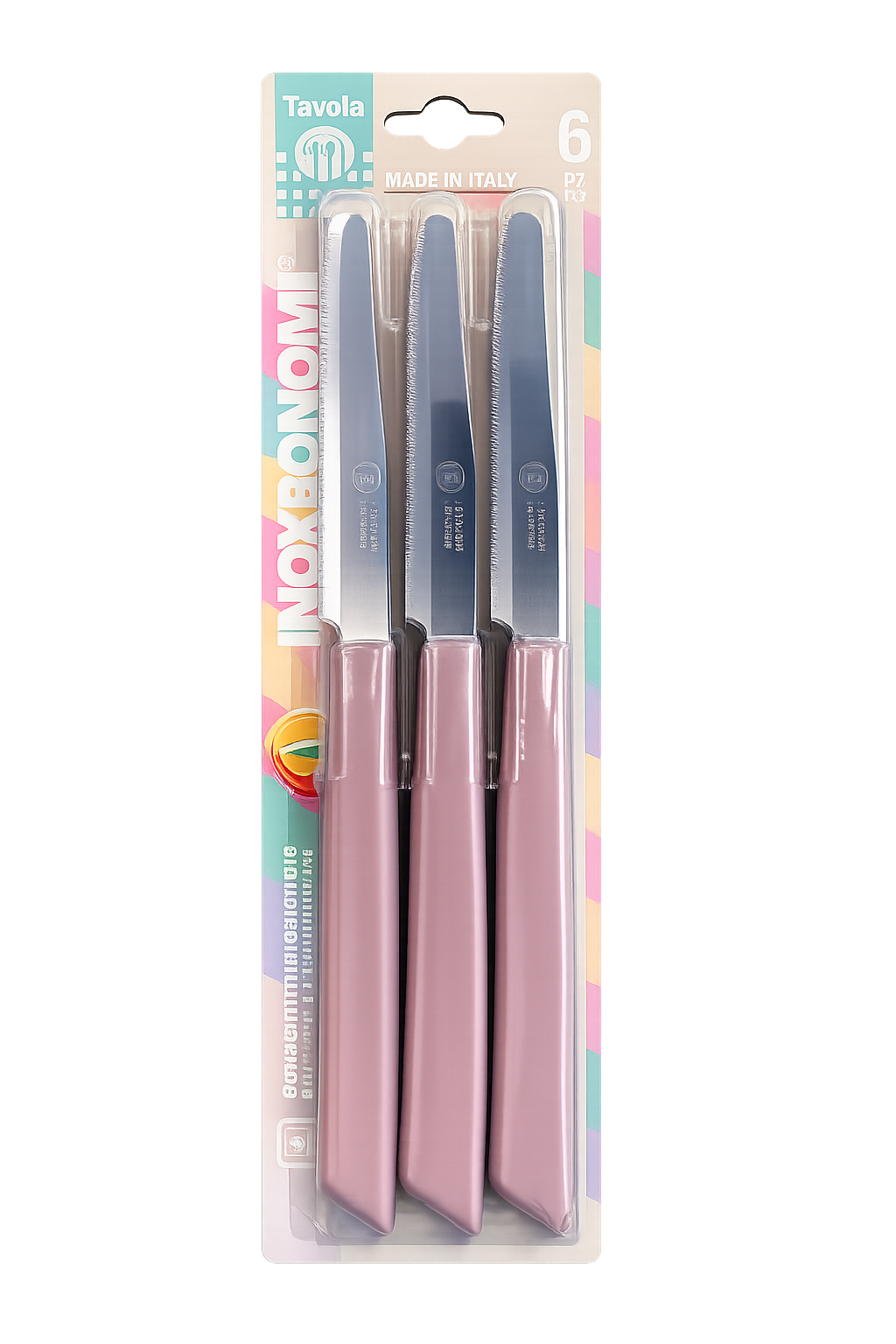 Set of six Inoxbonomi table knives featuring mauve handles, stainless steel blades, and round tips.