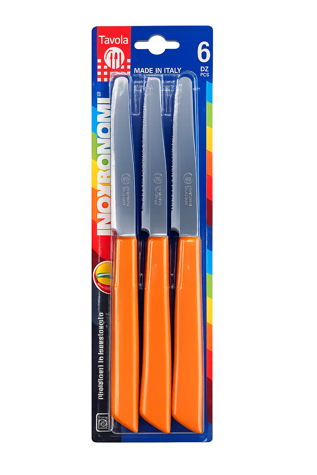 Set of six Inoxbonomi table knives featuring orange handles, stainless steel blades, and round tips.