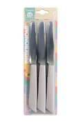 Set of six Inoxbonomi table knives with pale mauve handles, stainless steel blades and round tips.