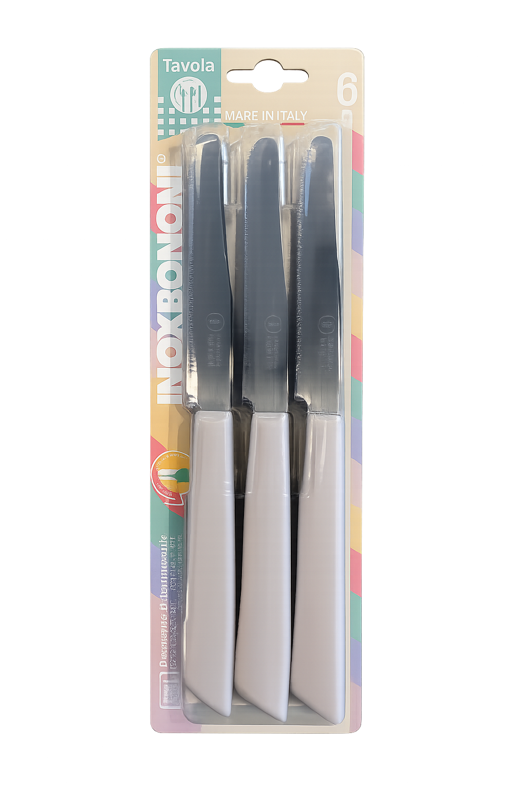 Set of six Inoxbonomi table knives with pale mauve handles, stainless steel blades and round tips.