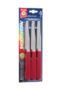 Set of six Inoxbonomi table knives featuring red handles, stainless steel blades, and round tips.