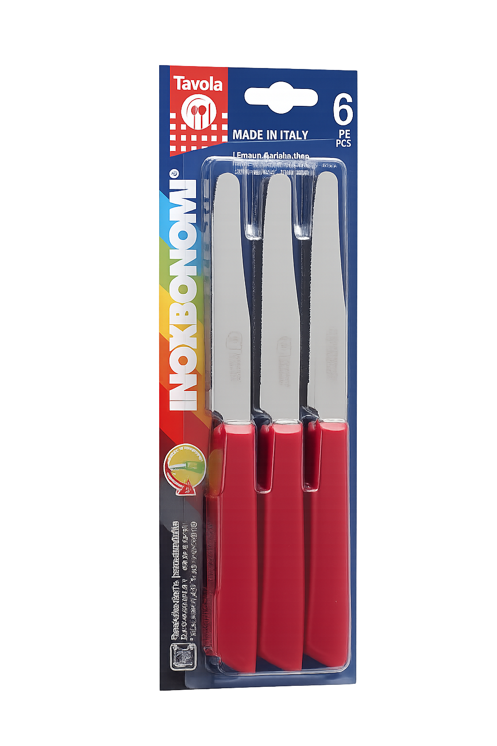 Set of six Inoxbonomi table knives featuring red handles, stainless steel blades, and round tips.