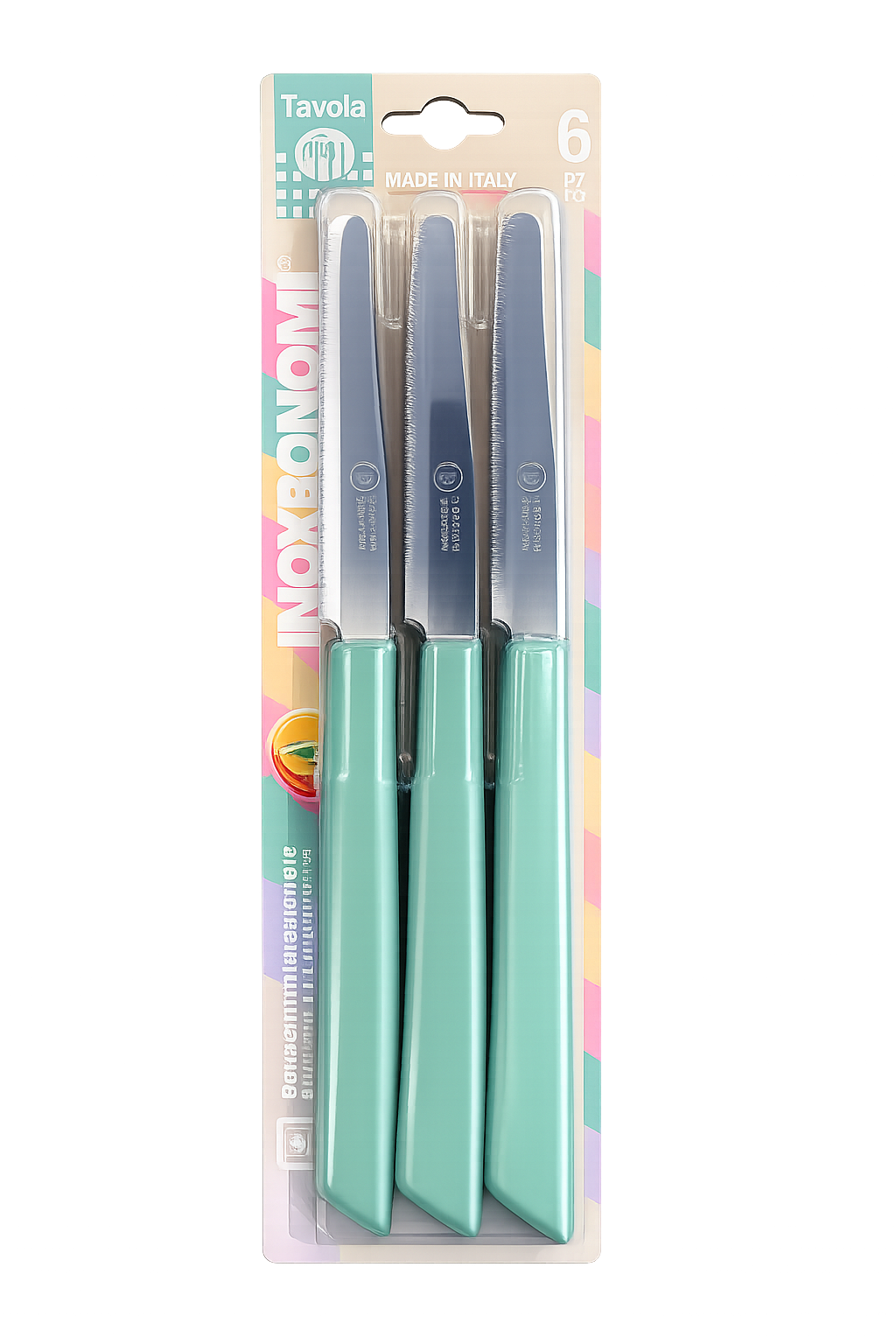 Set of six Inoxbonomi table knives featuring sage  handles, stainless steel blades, and round tips.