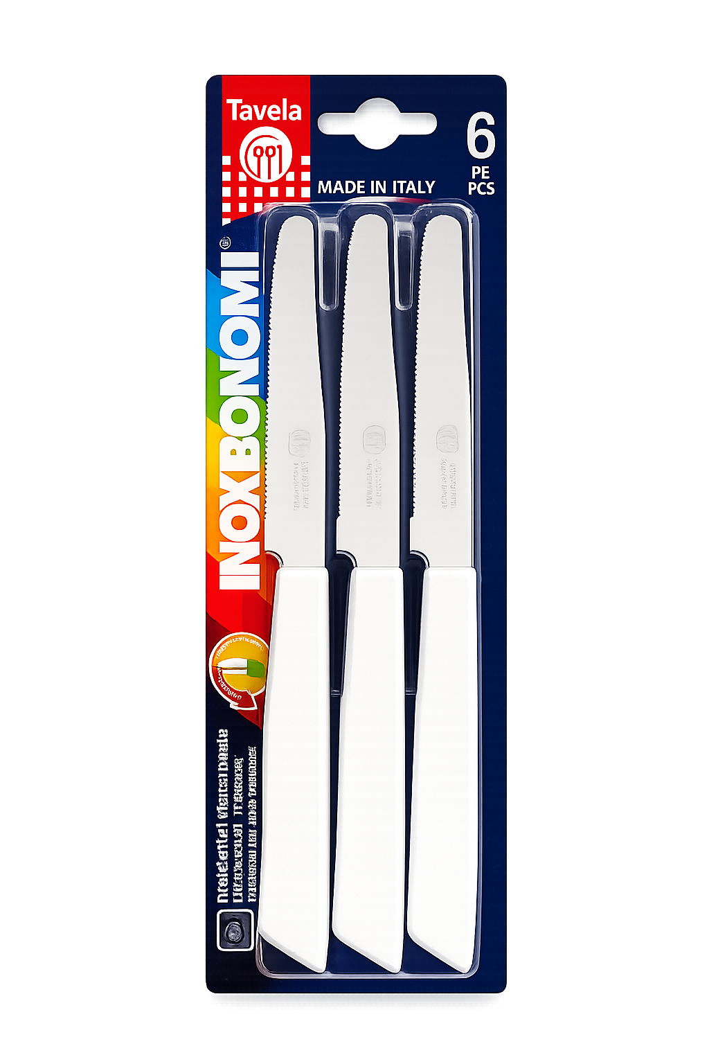 Set of six Inoxbonomi table knives featuring white handles, stainless steel blades, and round tips.