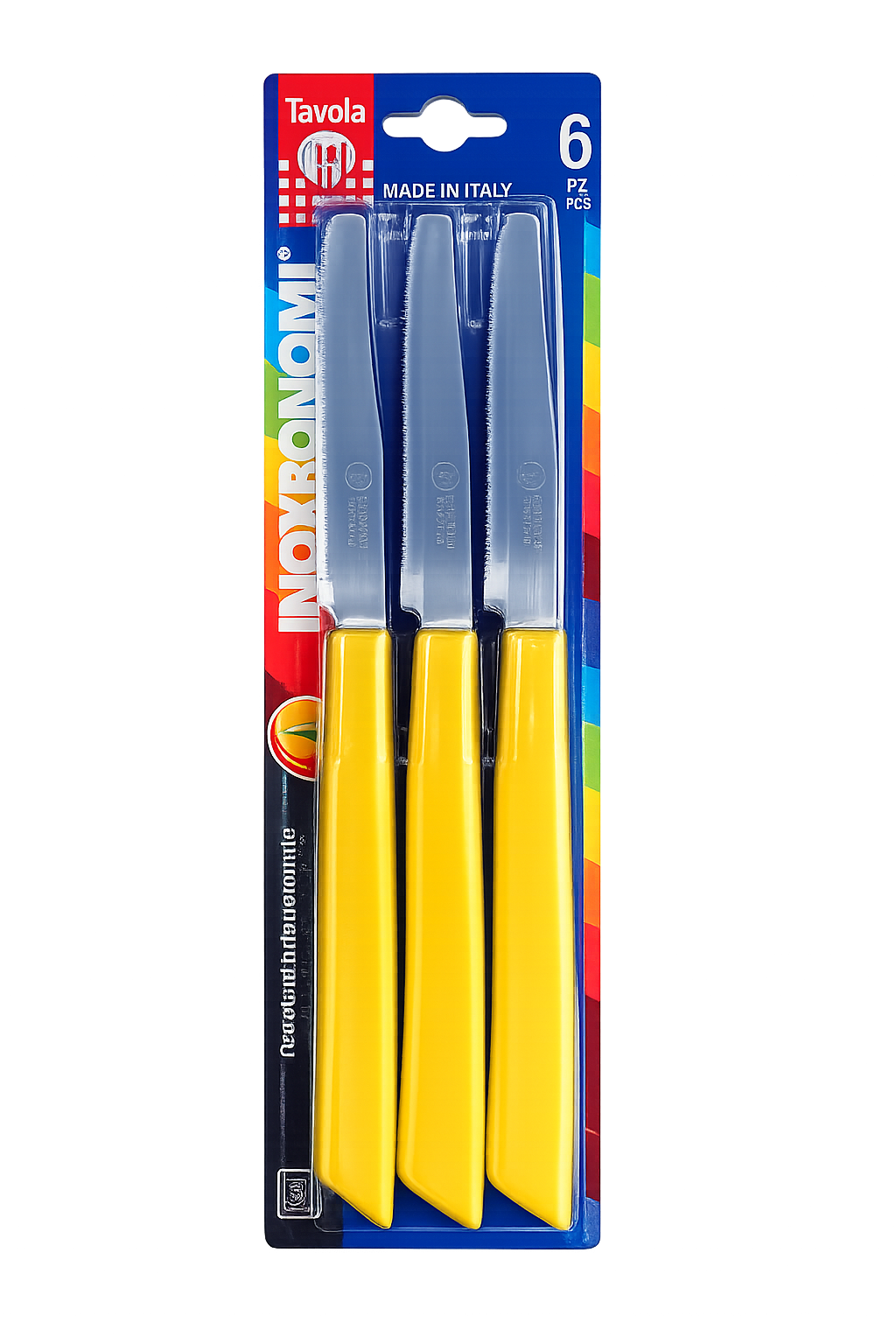 Set of six Inoxbonomi table knives featuring yellow handles, stainless steel blades, and round tips.