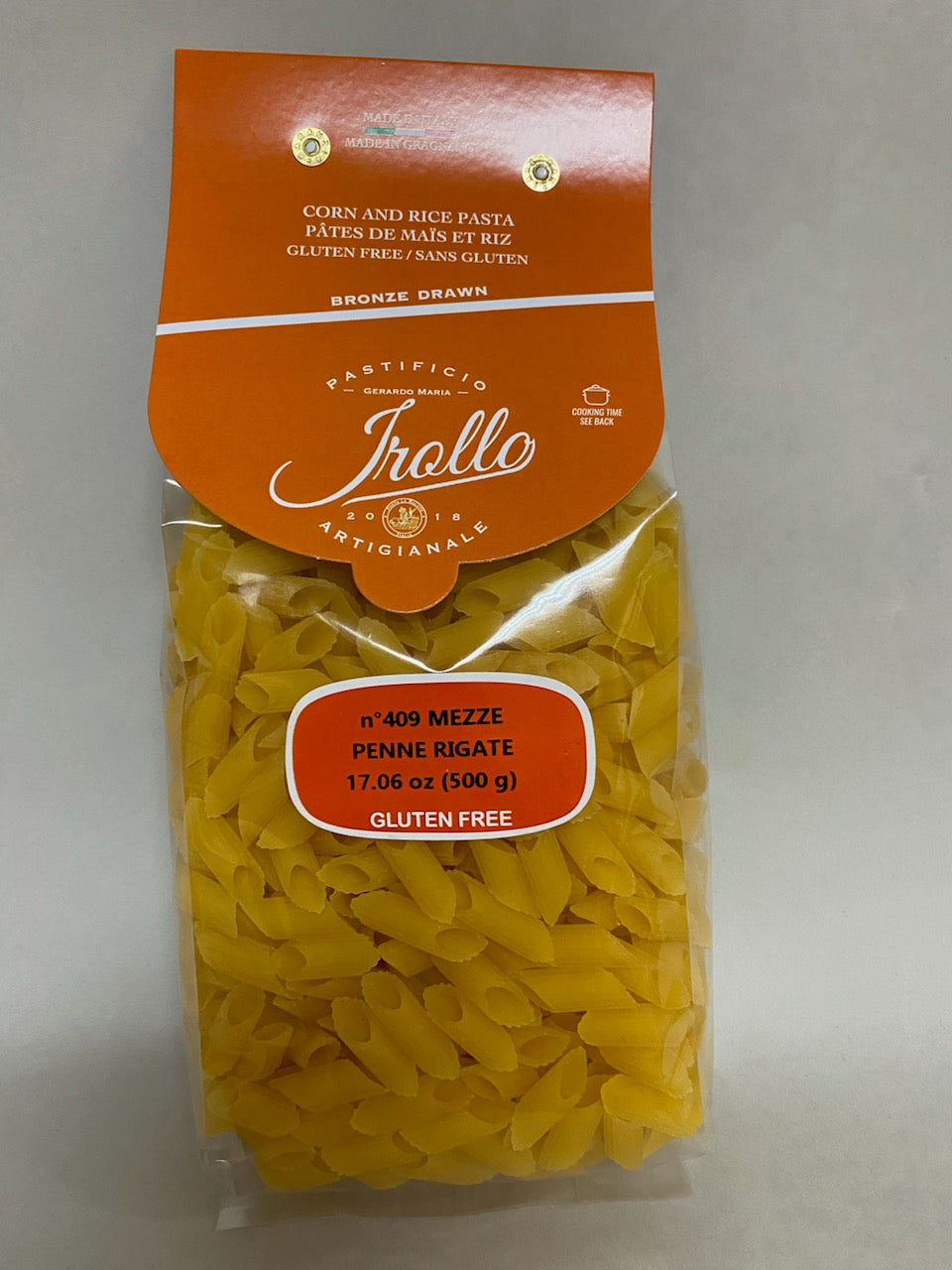 Package of Irollo gluten-free Mezze Penne  Rigate n. 287 pasta 