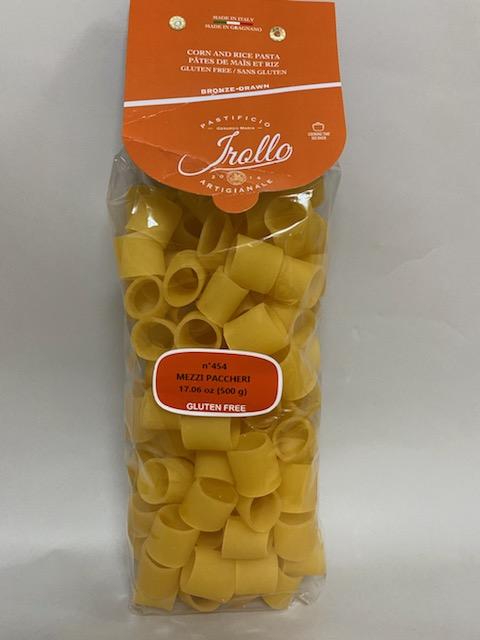 Package of Irollo gluten-free Mezzi Paccheri Rigati pasta with Irollo branding.