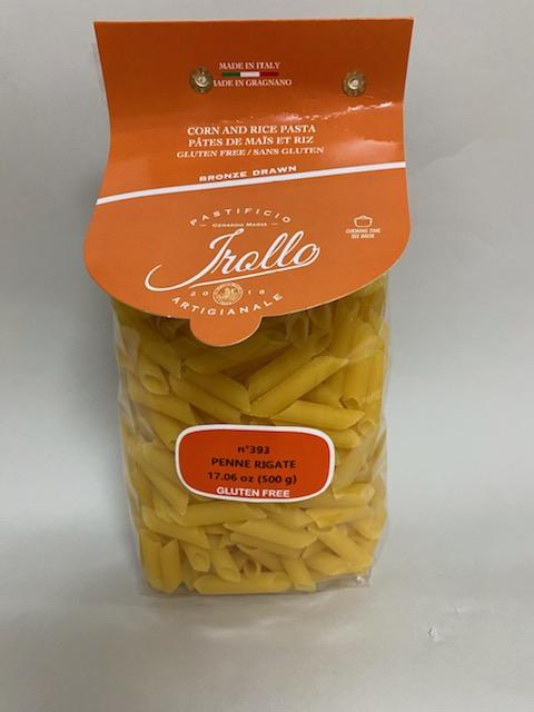 Package of Irollo gluten-free Penne Rigate pasta.