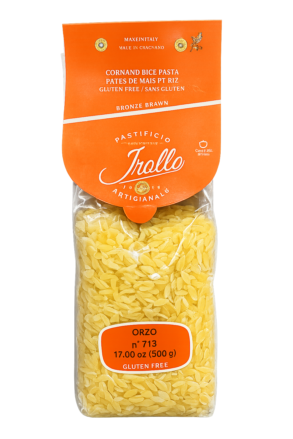 Package of Irollo gluten-free orzo pasta made from corn and rice.