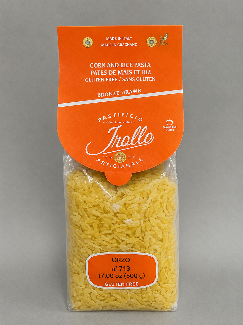 Package of gluten-free orzo pasta with orange label.