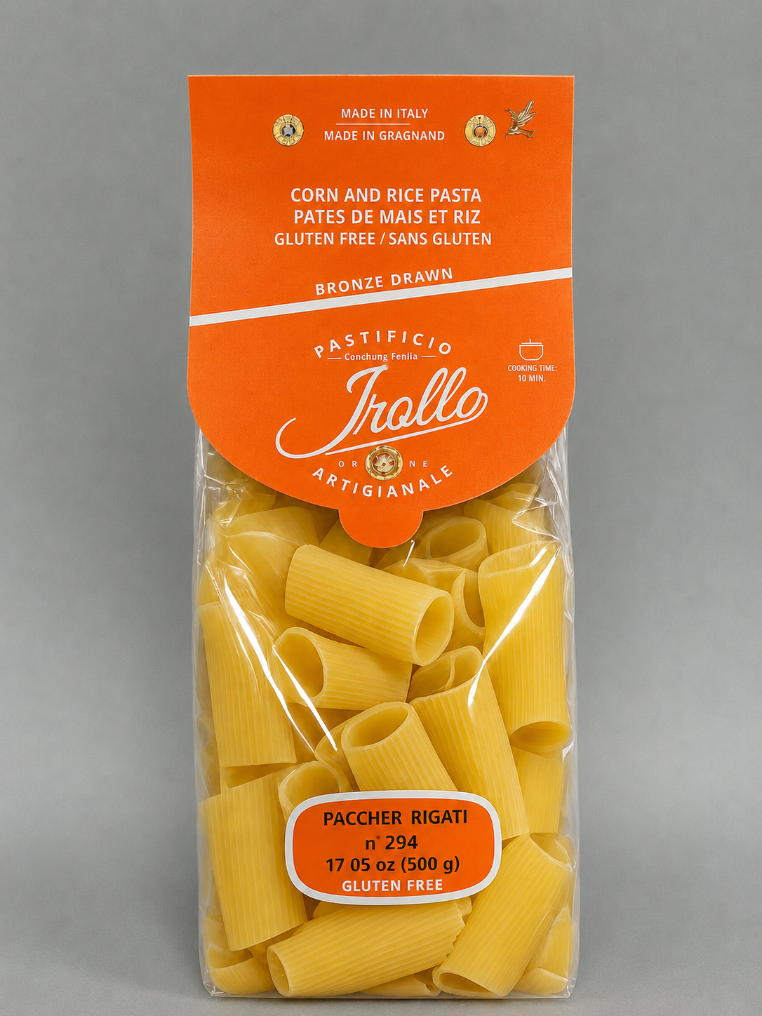 Package of Irollo Paccher Rigati gluten-free pasta with orange label.