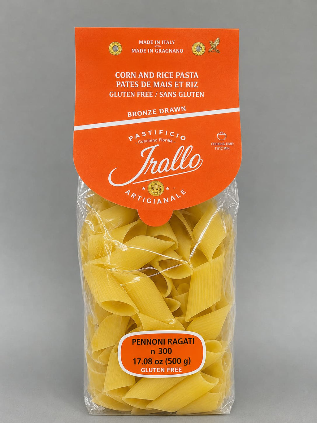 Package of Irollo Gluten Free Pennoni Rigati, with an orange label.