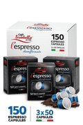 Caffè Trombetta L’Espresso decaffeinato espresso capsules, featuring one large box and three 50-count boxes.