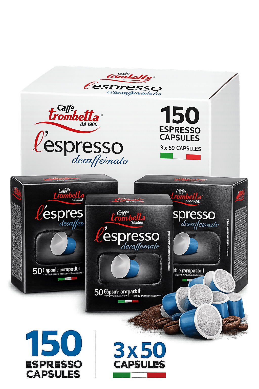 Caffè Trombetta L’Espresso decaffeinato espresso capsules, featuring one large box and three 50-count boxes.