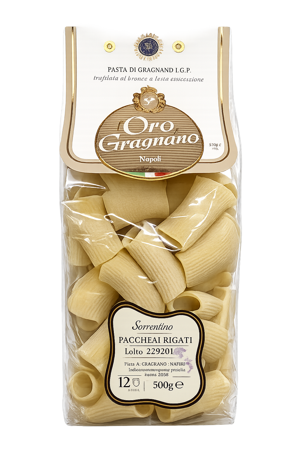 L'Oro di Gragnano Paccheri Rigati Italian durum wheat semolina pasta in 1.1 lb package.
