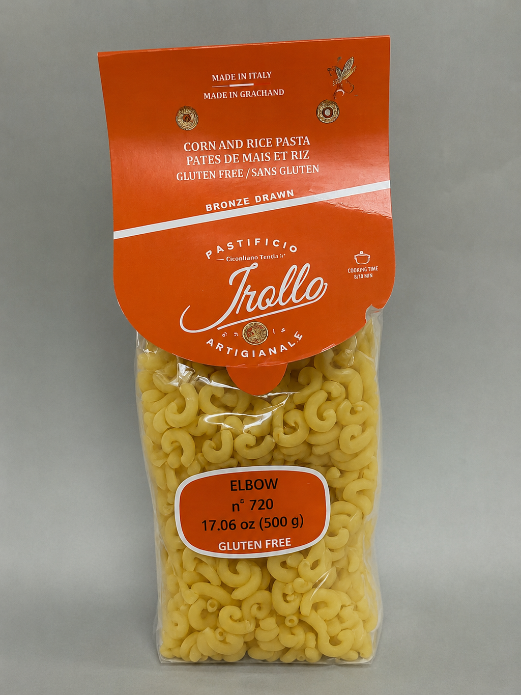 Package gluten-free pasta with orange label.