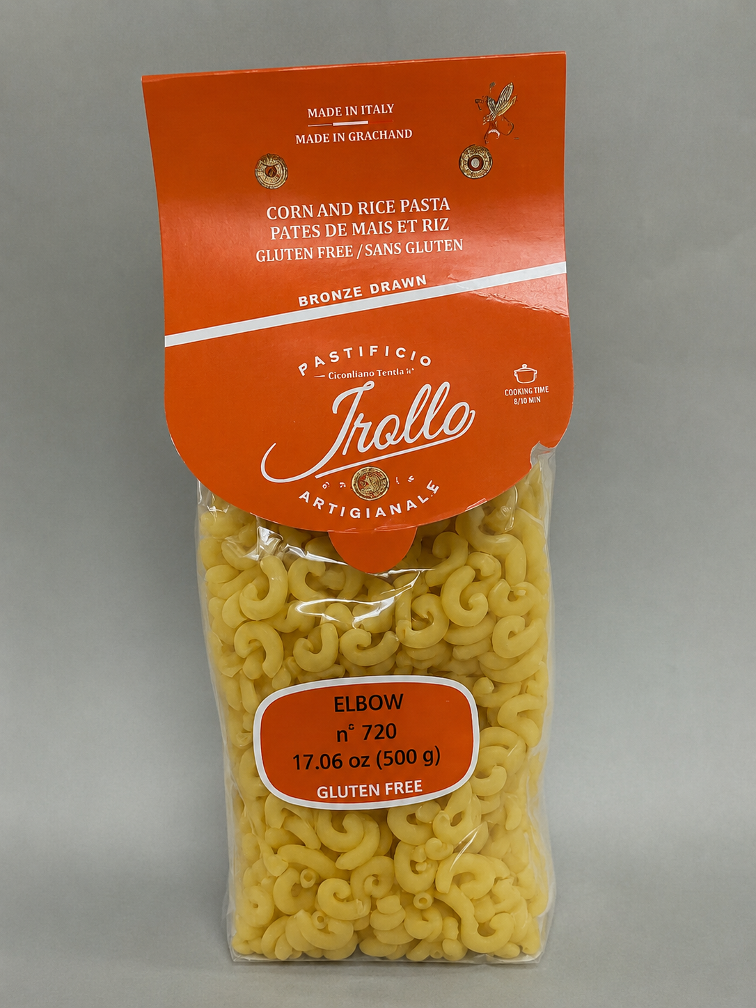 Package gluten-free pasta with orange label.