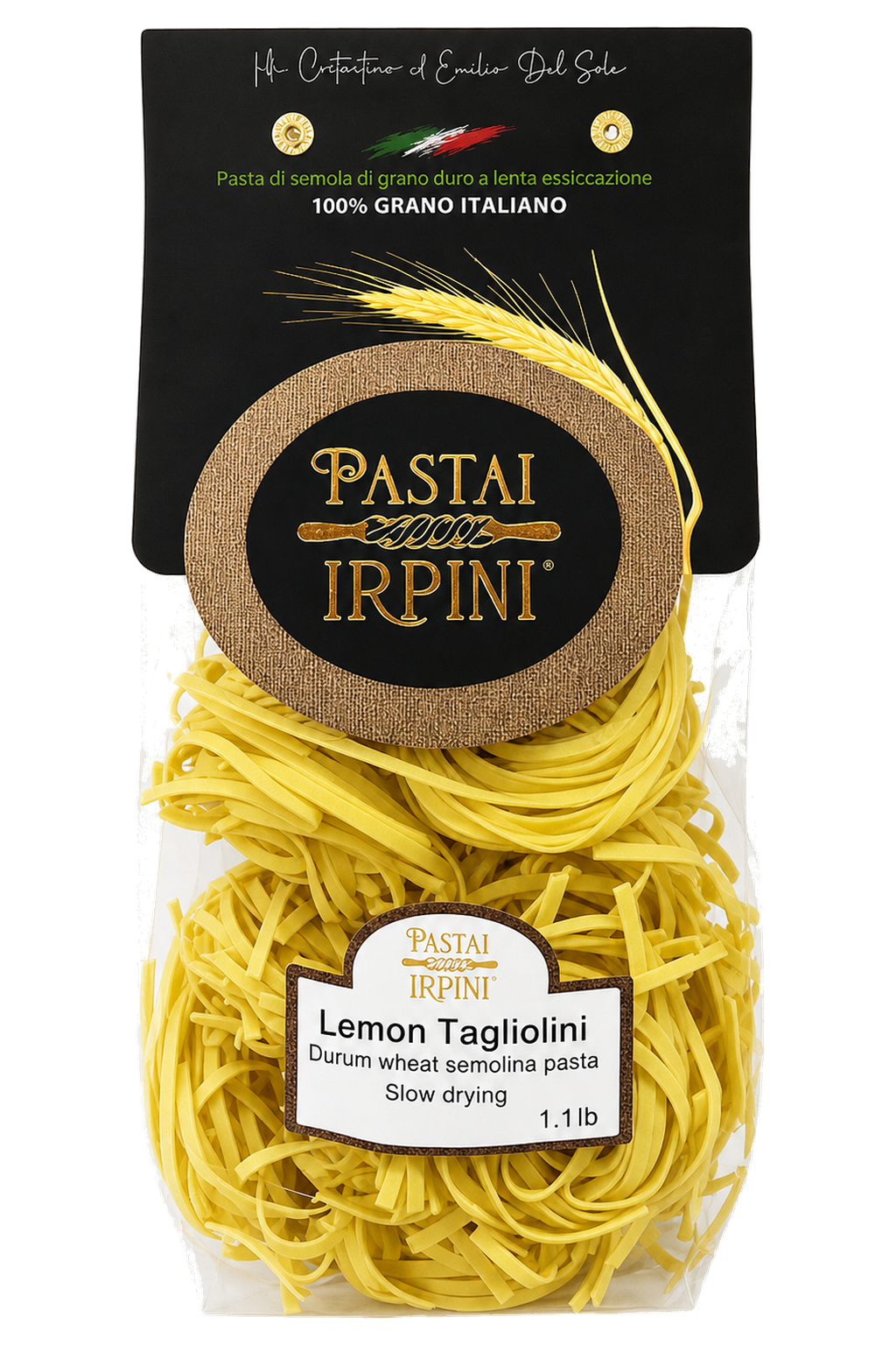 Package of Lemon Tagliolini pasta with 'Pastai Irpini' branding.