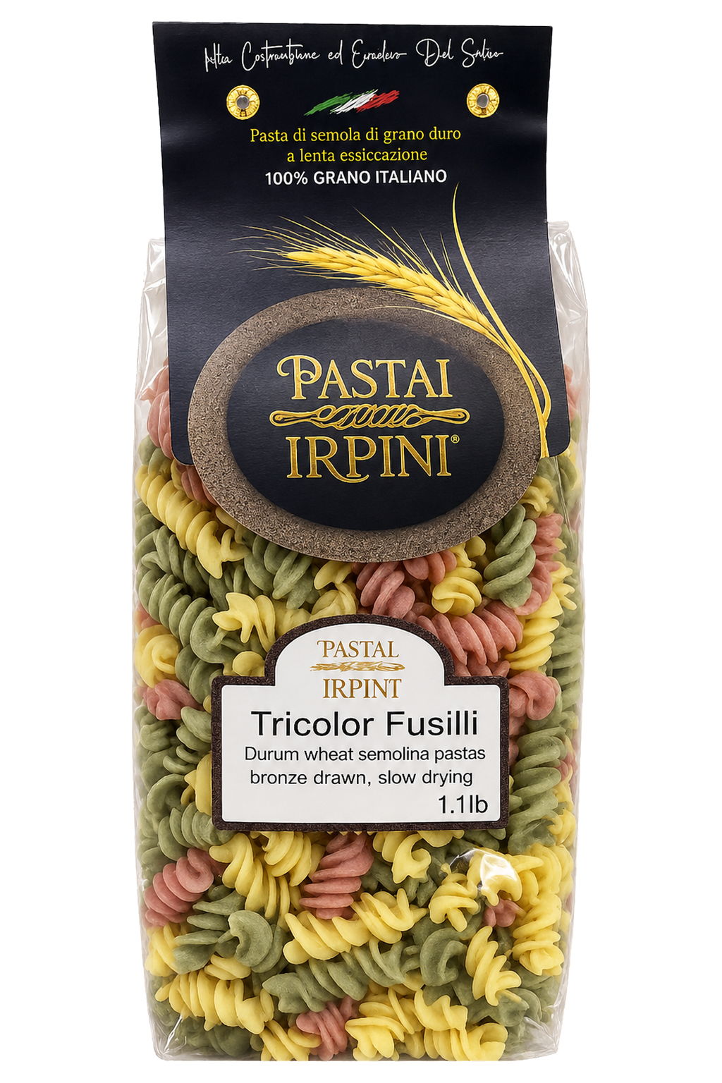 package of Pastai Irpini Tricolor Fusilli artisan Italian pasta.