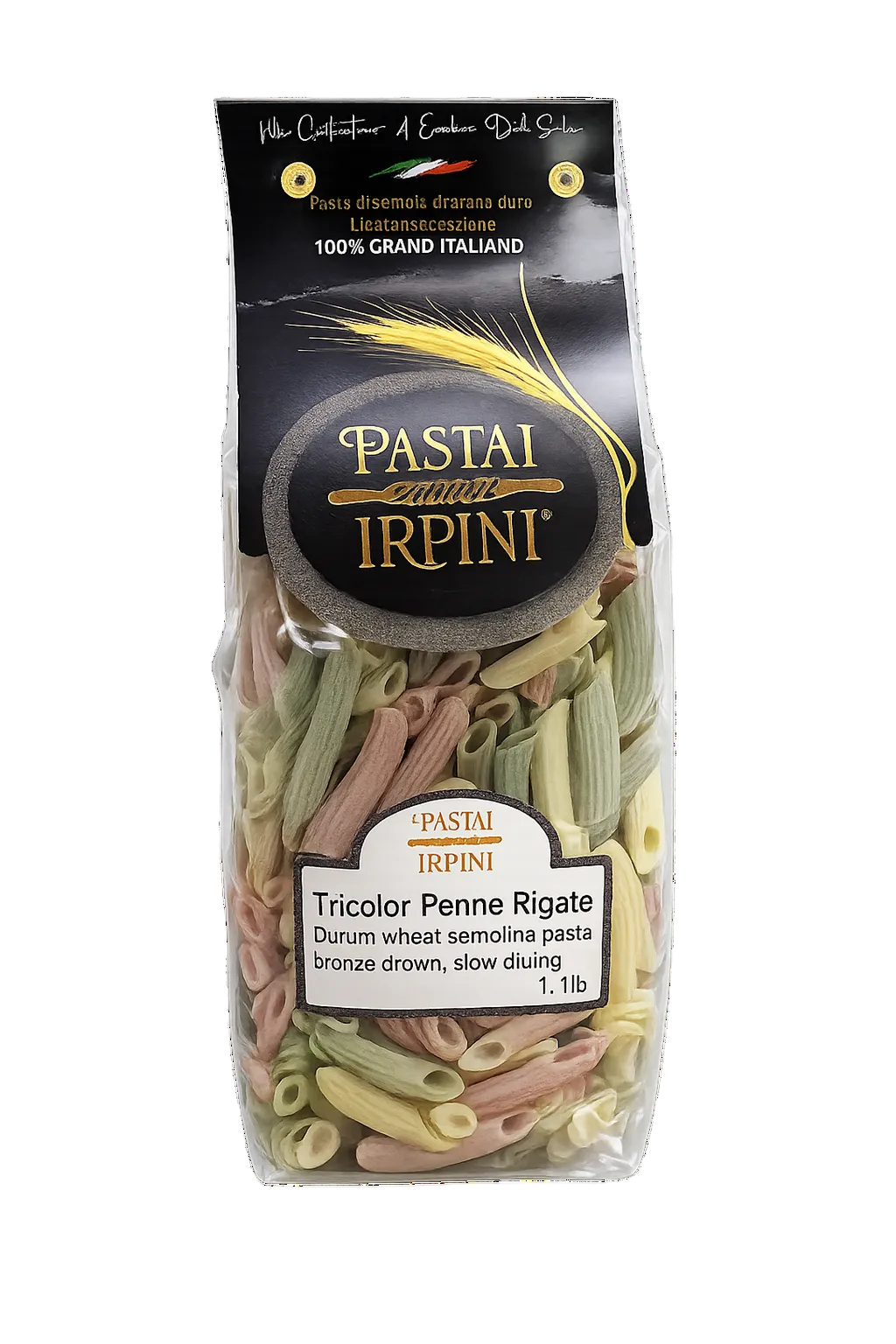 Package of tricolor penne rigate pasta with 'Pastai Irpini' branding.