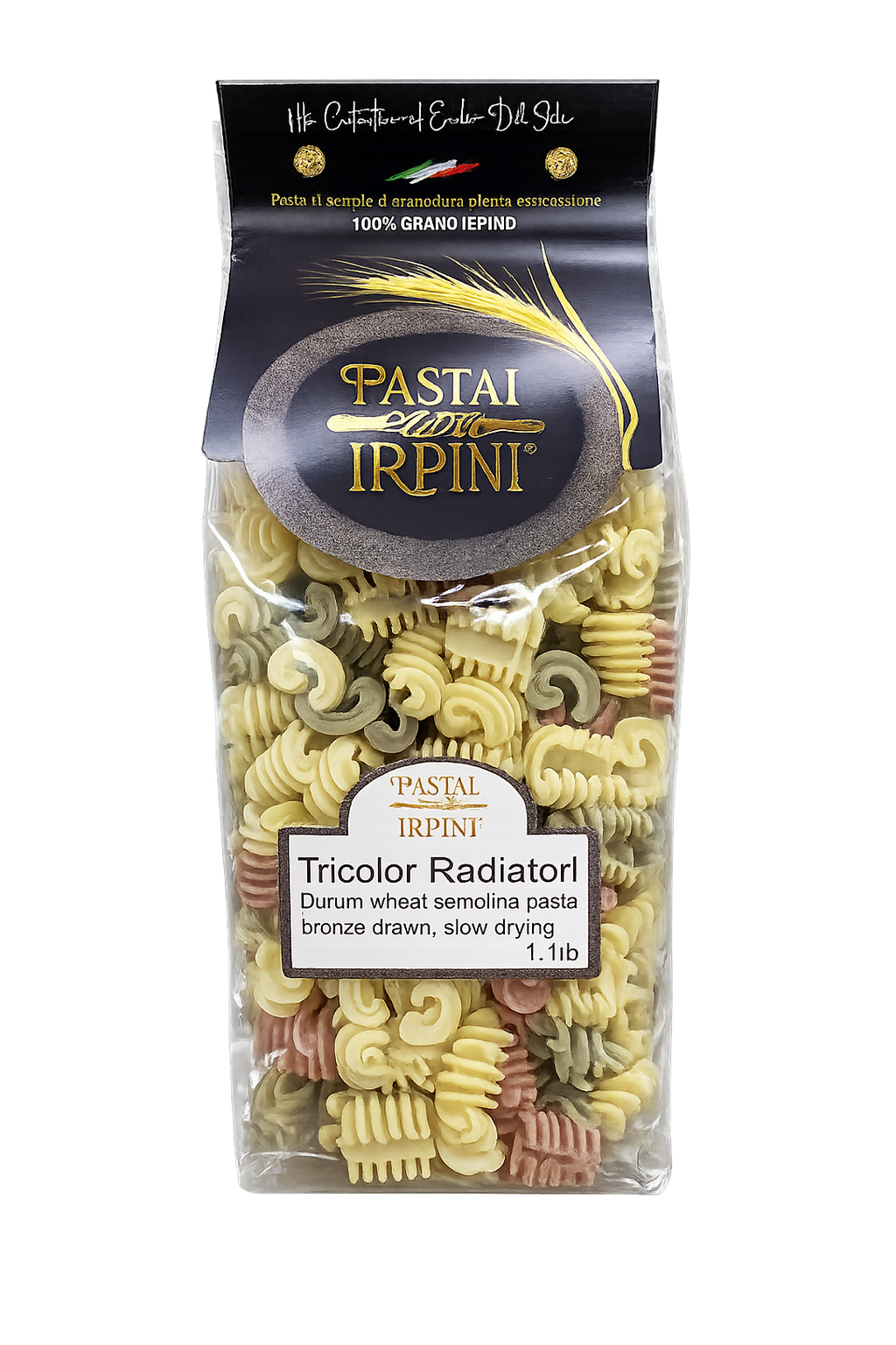 Package of tricolor radiator pasta with PASTAI IRPINI branding.