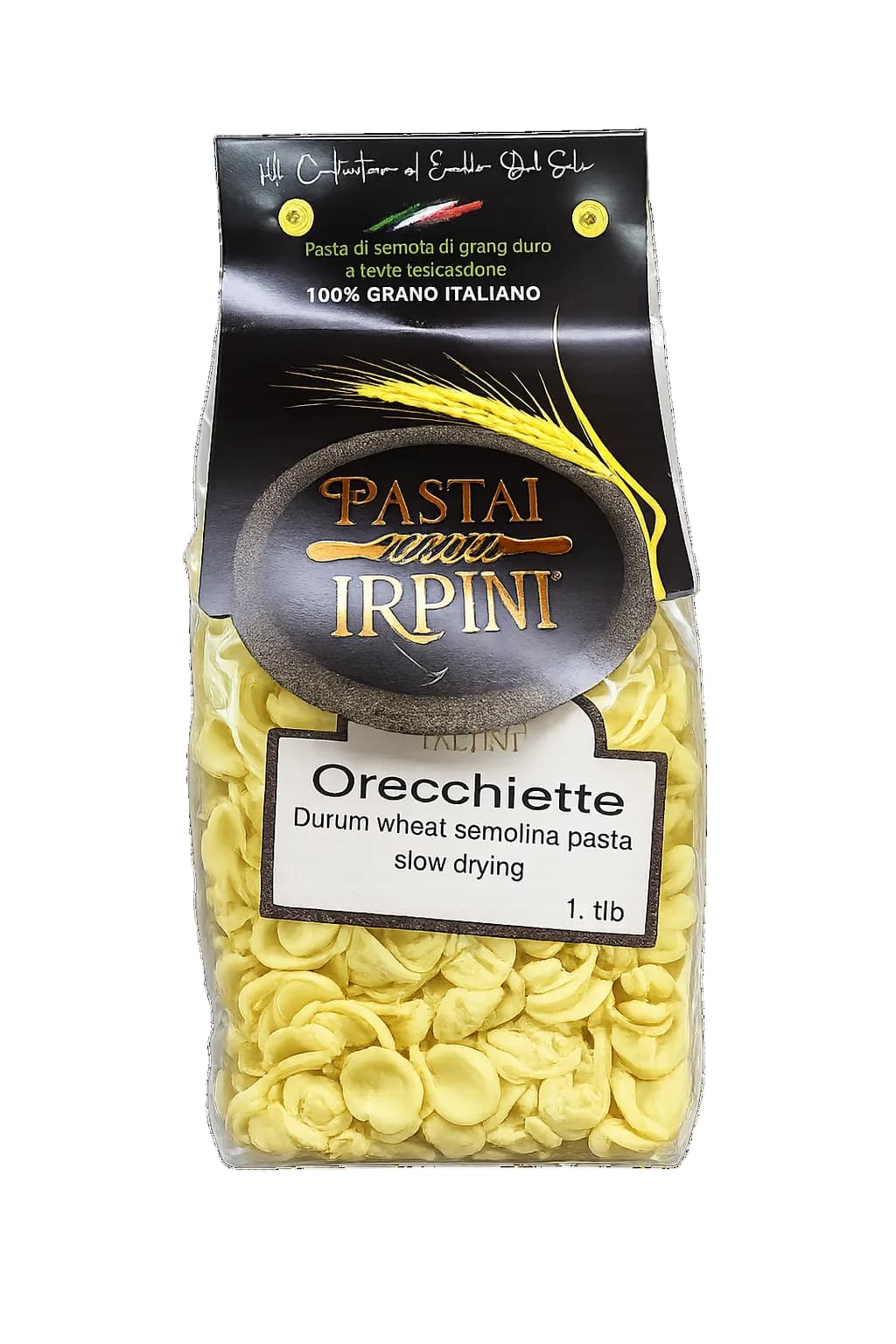 Clear plastic bag of dried orecchiette pasta featuring the 'Pastai Irpini' logo with a white label..